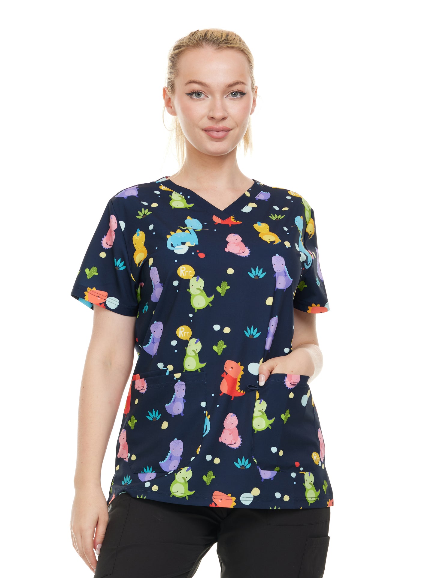 HEAL+WEAR Women's Scrub Top V-Neck Dino Print Multiple Convenient Pockets. 4-Way Stretch Spandex. Wrinkle-Resistant.