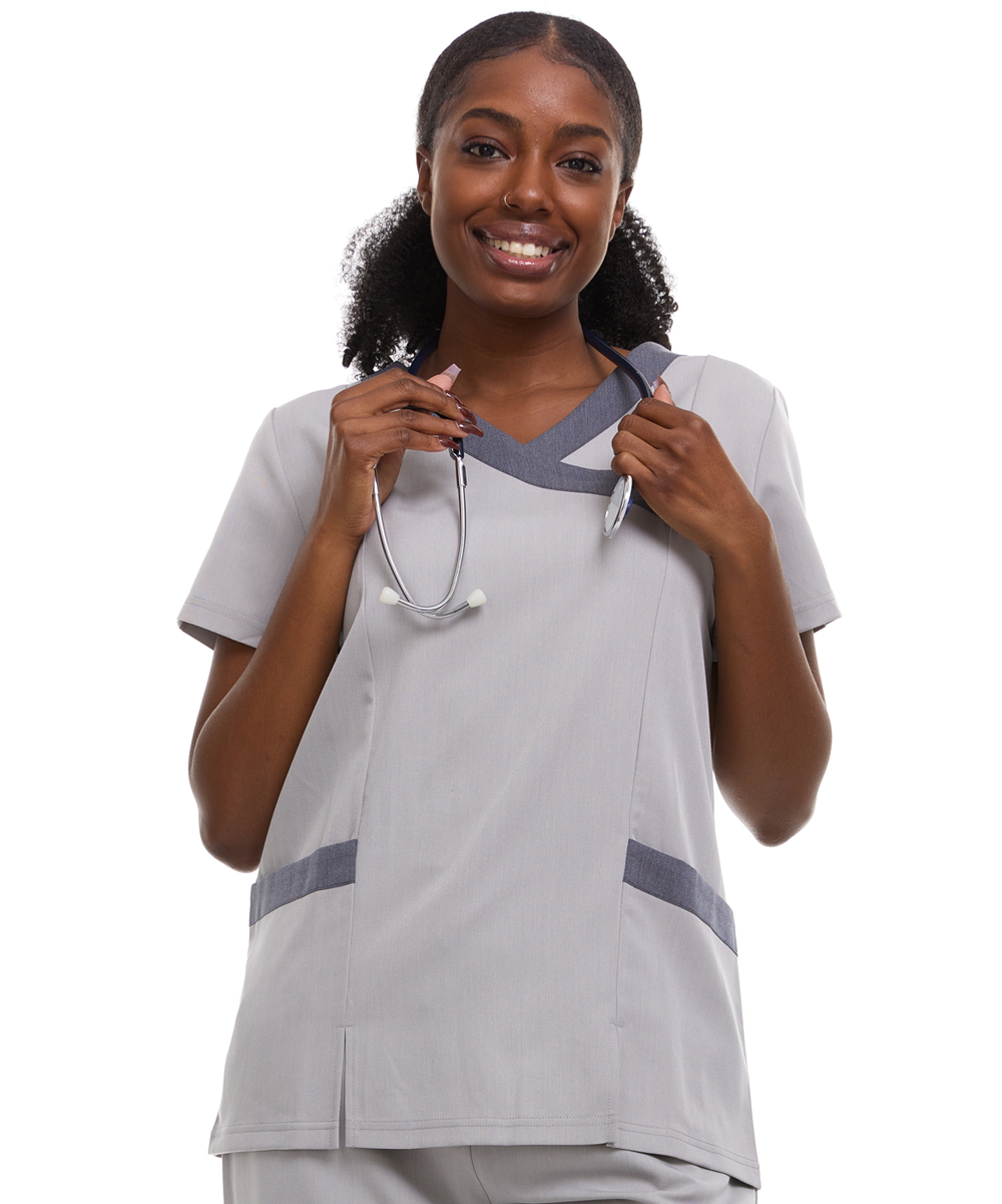 HEAL+WEAR Women's Modern Contrast V-Neck Scrub Top – Stylish Colorblock Trim, Slim Fit, 4-Way Stretch,Stretch Fabric, Multiple Pockets