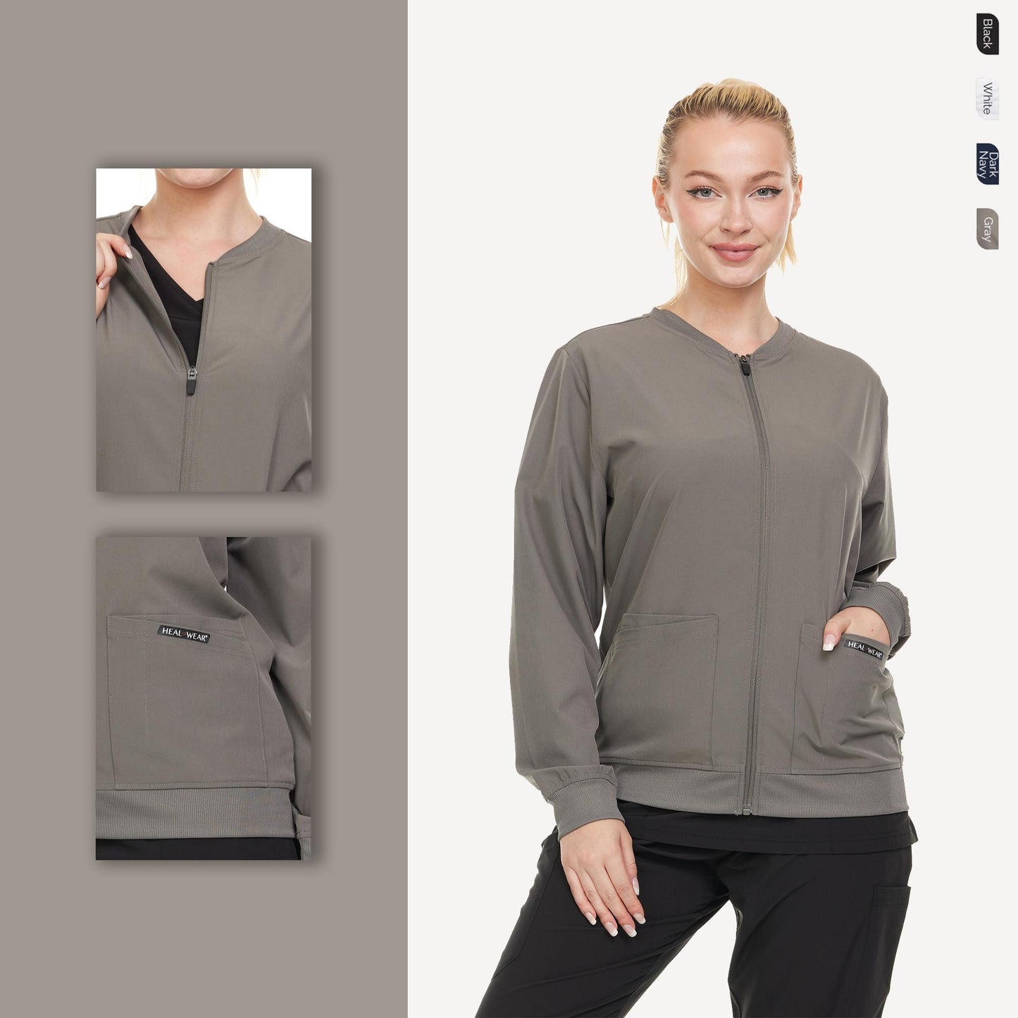 HEAL+WEAR Woman Scrub Zip Jacket |4-Way Stretch| Spa Doctor Nursing Clinical Suit | Surgical Uniforms Top | Lightweight Long Sleeve Medical Bomber | 4-Way Stretch | Clinical Scrubs Coat for Beauty Salon