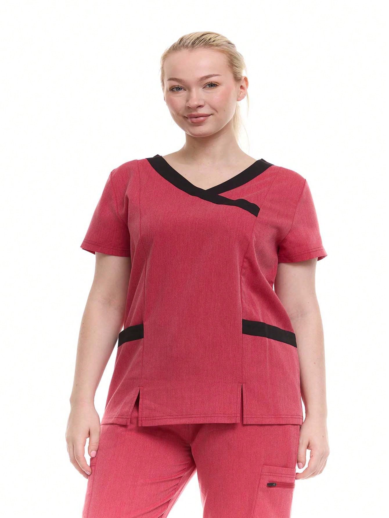 HEAL+WEAR Women's Modern Contrast V-Neck Scrub Top – Stylish Colorblock Trim, Slim Fit, 4-Way Stretch,Stretch Fabric, Multiple Pockets