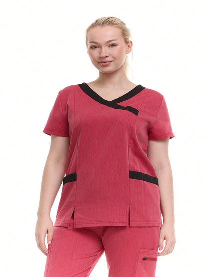 HEAL+WEAR Women's Modern Contrast V-Neck Scrub Top – Stylish Colorblock Trim, Slim Fit, 4-Way Stretch,Stretch Fabric, Multiple Pockets