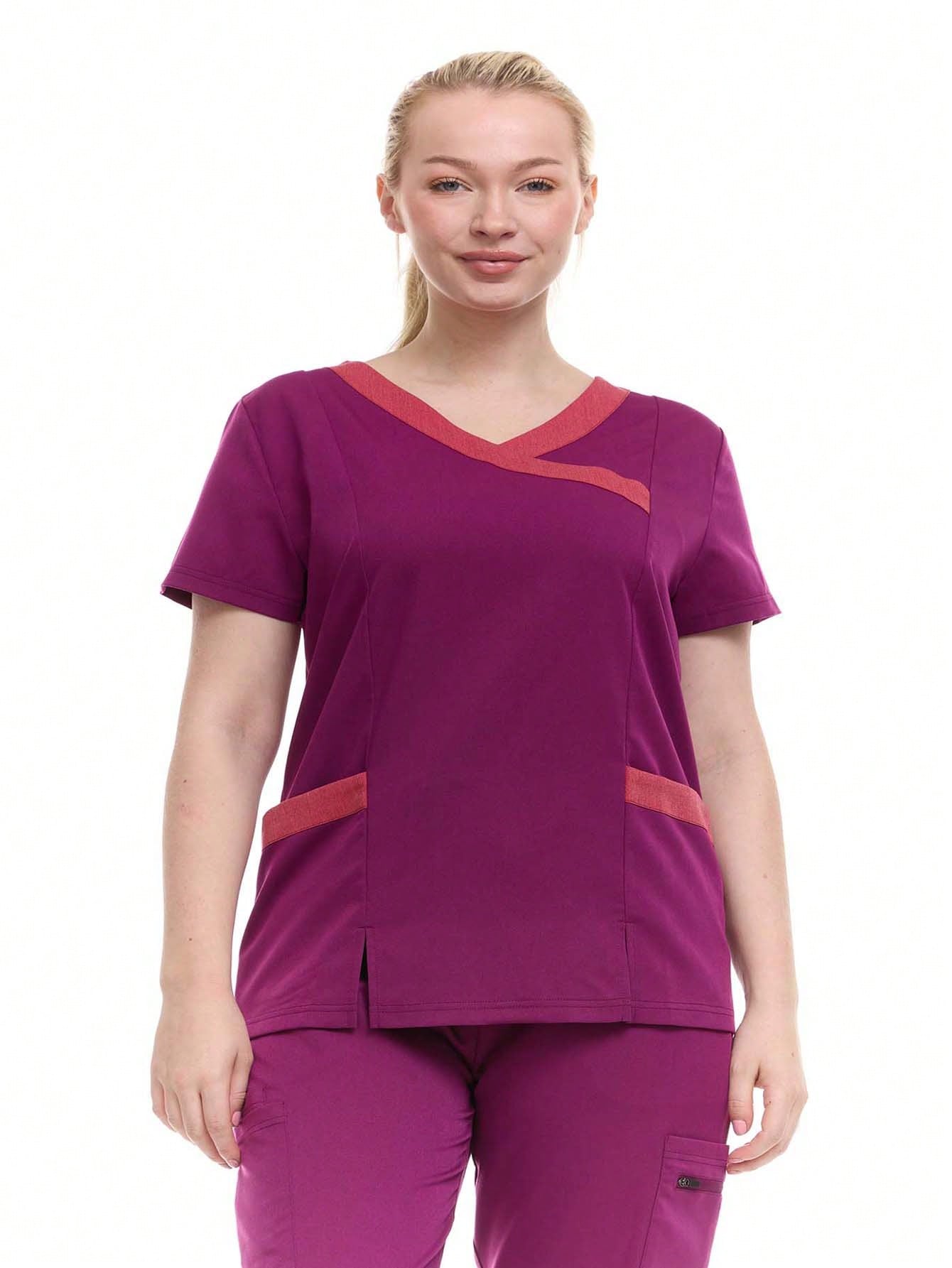HEAL+WEAR Women's Modern Contrast V-Neck Scrub Top – Stylish Colorblock Trim, Slim Fit, 4-Way Stretch,Stretch Fabric, Multiple Pockets