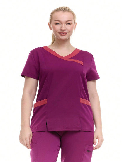HEAL+WEAR Women's Modern Contrast V-Neck Scrub Top – Stylish Colorblock Trim, Slim Fit, 4-Way Stretch,Stretch Fabric, Multiple Pockets
