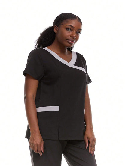 HEAL+WEAR Women's Modern Contrast V-Neck Scrub Top – Stylish Colorblock Trim, Slim Fit, 4-Way Stretch,Stretch Fabric, Multiple Pockets