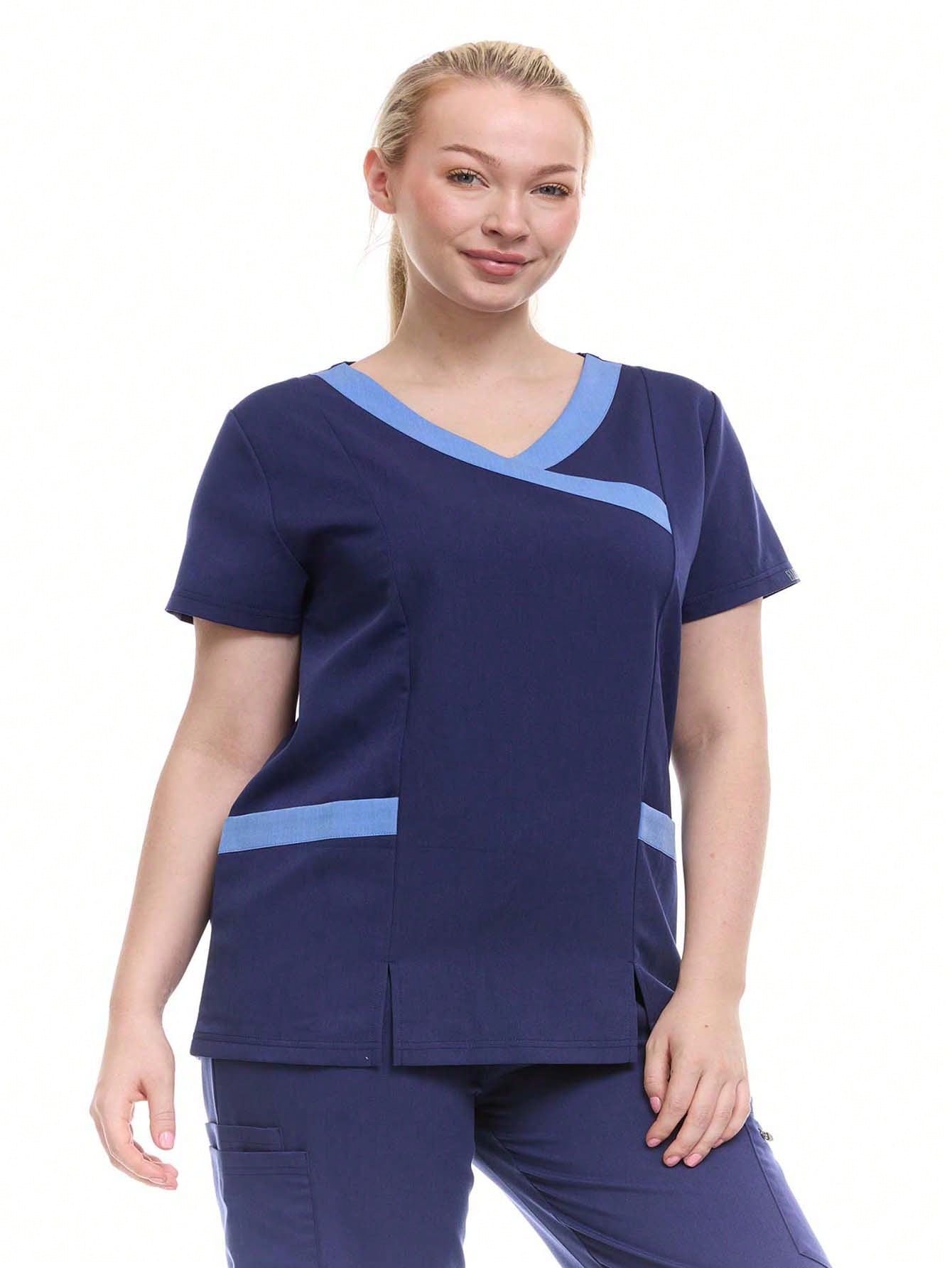 HEAL+WEAR Women's Modern Contrast V-Neck Scrub Top – Stylish Colorblock Trim, Slim Fit, 4-Way Stretch,Stretch Fabric, Multiple Pockets