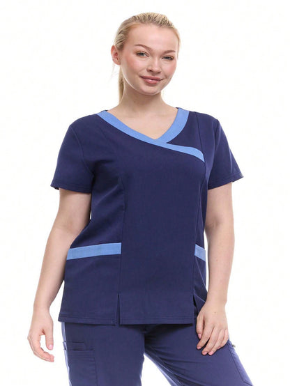 HEAL+WEAR Women's Modern Contrast V-Neck Scrub Top – Stylish Colorblock Trim, Slim Fit, 4-Way Stretch,Stretch Fabric, Multiple Pockets