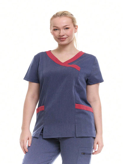 HEAL+WEAR Women's Modern Contrast V-Neck Scrub Top – Stylish Colorblock Trim, Slim Fit, 4-Way Stretch,Stretch Fabric, Multiple Pockets