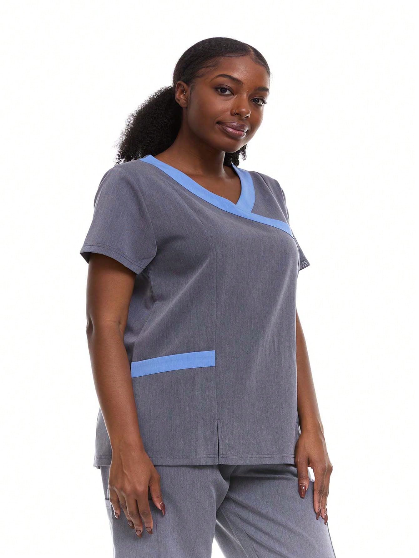 HEAL+WEAR Women's Modern Contrast V-Neck Scrub Top – Stylish Colorblock Trim, Slim Fit, 4-Way Stretch,Stretch Fabric, Multiple Pockets