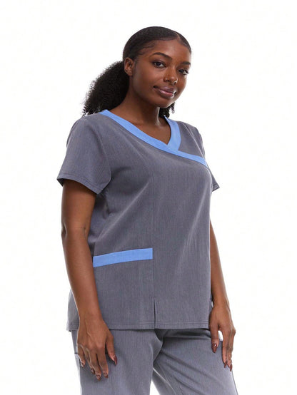 HEAL+WEAR Women's Modern Contrast V-Neck Scrub Top – Stylish Colorblock Trim, Slim Fit, 4-Way Stretch,Stretch Fabric, Multiple Pockets
