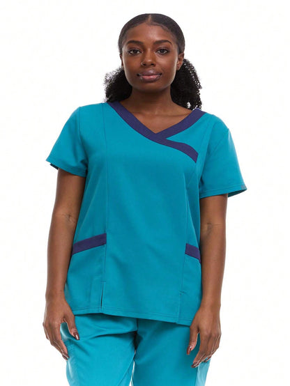 HEAL+WEAR Women's Modern Contrast V-Neck Scrub Top – Stylish Colorblock Trim, Slim Fit, 4-Way Stretch,Stretch Fabric, Multiple Pockets