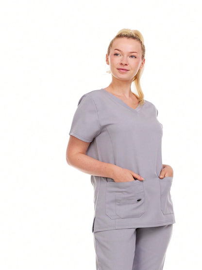 HEAL+WEAR Women's Classic V-Neck Scrub Top – Soft Stretch Fabric,3-Pocket Design, Wrinkle-Resistant, Available in Multiple Colors