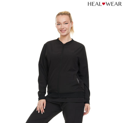 HEAL+WEAR Women's Scrub Jacket - Lightweight Zip-Free Bomber Style, 4-Way Stretch, Soft Knit Cuffs, Anti-Wrinkle, Multiple Pockets, Workwear for Nurses & Healthcare Professionals