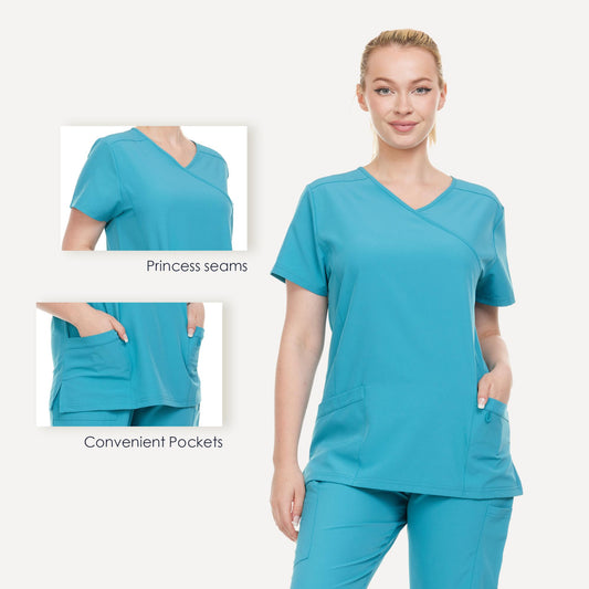 HEAL+WEAR Women’s V-Neck Multi-Pocket Scrub Top | Stretch Comfort Fabric | 4-Way Stretch | Surgical Uniforms | Nurse Beauty Salon Workwear | Clinical Scrubs | Spa Doctor Nursing Clinical Suit