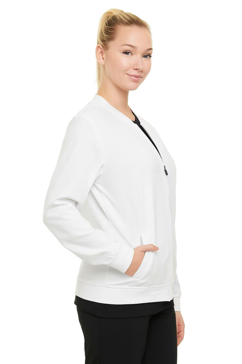 HEAL+WEAR Women's Scrub Jacket - Lightweight Zip-Free Bomber Style, 4-Way Stretch, Soft Knit Cuffs, Anti-Wrinkle, Multiple Pockets, Workwear for Nurses & Healthcare Professionals