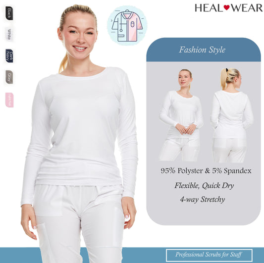 HEAL+WEAR Women's Long Sleeve Underscrub Shirt - Lightweight Stretch 4-Way Stretch Base Layer for Nurse Beauty Salon Workwear | Clinical Scrubs Layering Tee | Spa Doctor Nursing Uniform Top