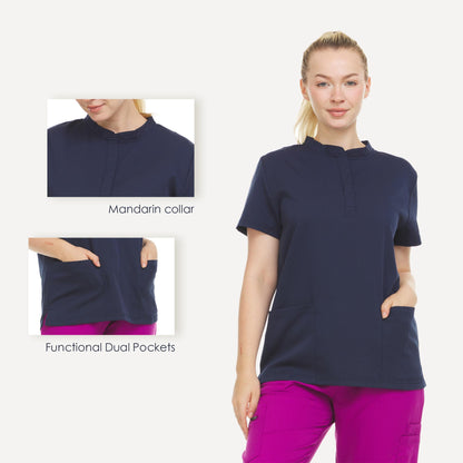 HEAL+WEAR Women's Stretch Mandarin Collar Scrub Top – Lightweight, Soft Touch, Moisture-Wicking, Multiple Colors