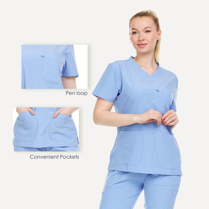 HEAL+WEAR Women’s V-Neck Multi-Pocket Scrub Top | 4-Way Stretch | Stretch Comfort Fabric | Surgical Uniforms | Nurse Beauty Salon Workwear | Clinical Scrubs | Spa Doctor Nursing Clinical Suit