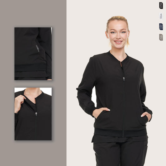 HEAL+WEAR Women's Scrub Jacket - Lightweight Zip-Free Bomber Style, 4-Way Stretch, Soft Knit Cuffs, Anti-Wrinkle, Multiple Pockets, Workwear for Nurses & Healthcare Professionals