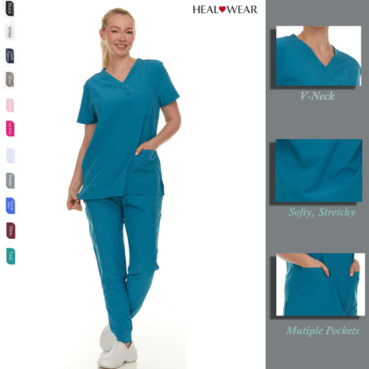 HEAL+WEAR Soft Stretch Scrub Set – 4-Way Stretch - V-Neck Top & Cargo Jogger Pants for Women, Available in Multiple Colors, Lightweight & Wrinkle-Resistant