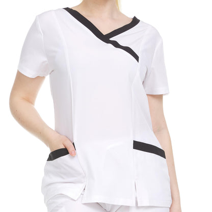 HEAL+WEAR Women’s V-Neck Contrast Trim Scrub Top – Stylish Multi-Pocket Clinical Workwear for Nurses, 4-Way Stretch,Spa & Beauty Professionals, Surgical Uniforms