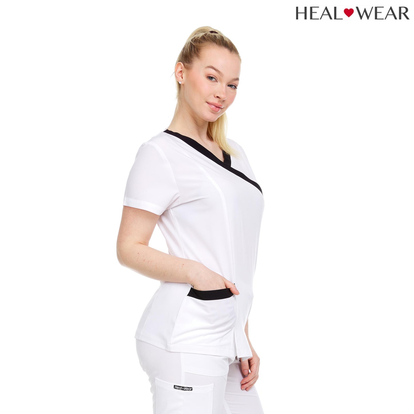 HEAL+WEAR Women’s V-Neck Contrast Trim Scrub Top – Stylish Multi-Pocket Clinical Workwear for Nurses, 4-Way Stretch,Spa & Beauty Professionals, Surgical Uniforms