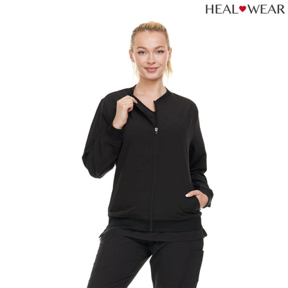 HEAL+WEAR Women's Scrub Jacket - Lightweight Zip-Free Bomber Style, 4-Way Stretch, Soft Knit Cuffs, Anti-Wrinkle, Multiple Pockets, Workwear for Nurses & Healthcare Professionals