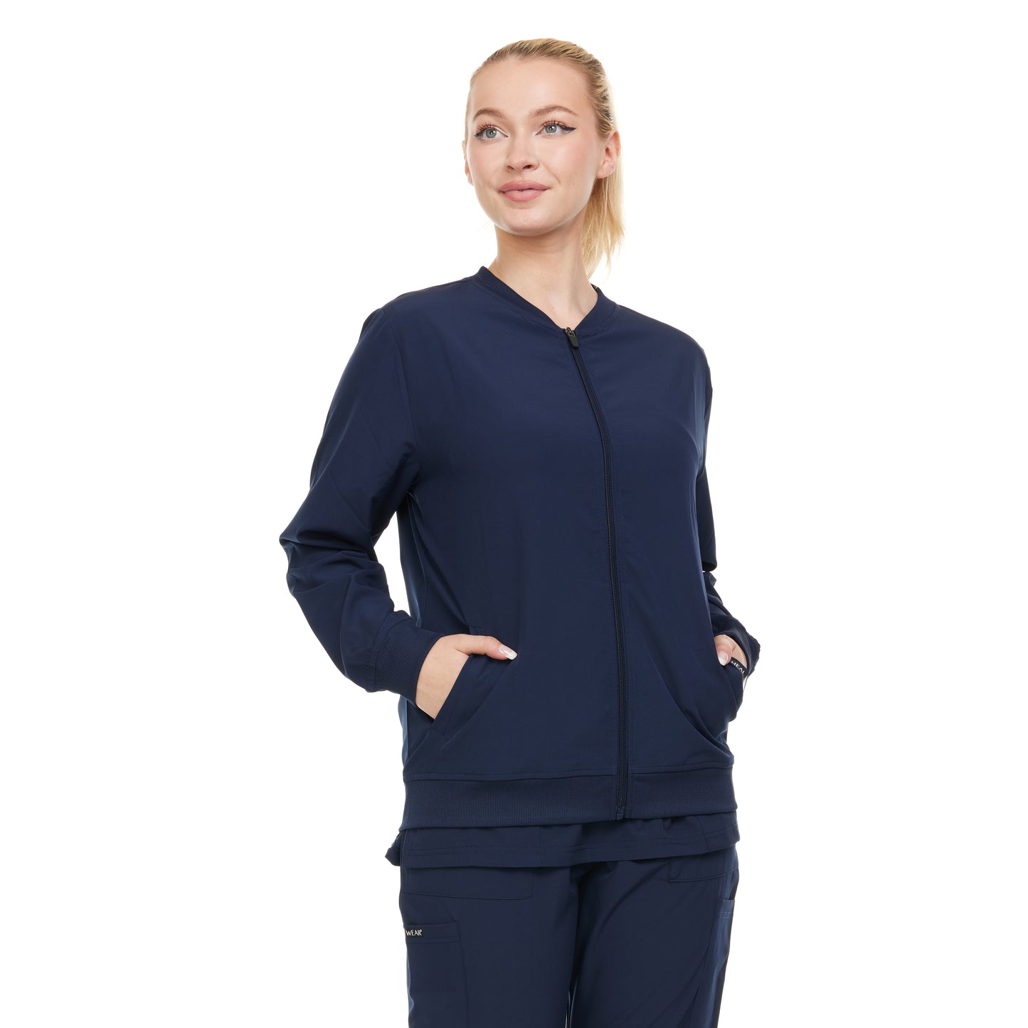 HEAL+WEAR Women's Scrub Jacket - Lightweight Zip-Free Bomber Style, 4-Way Stretch, Soft Knit Cuffs, Anti-Wrinkle, Multiple Pockets, Workwear for Nurses & Healthcare Professionals