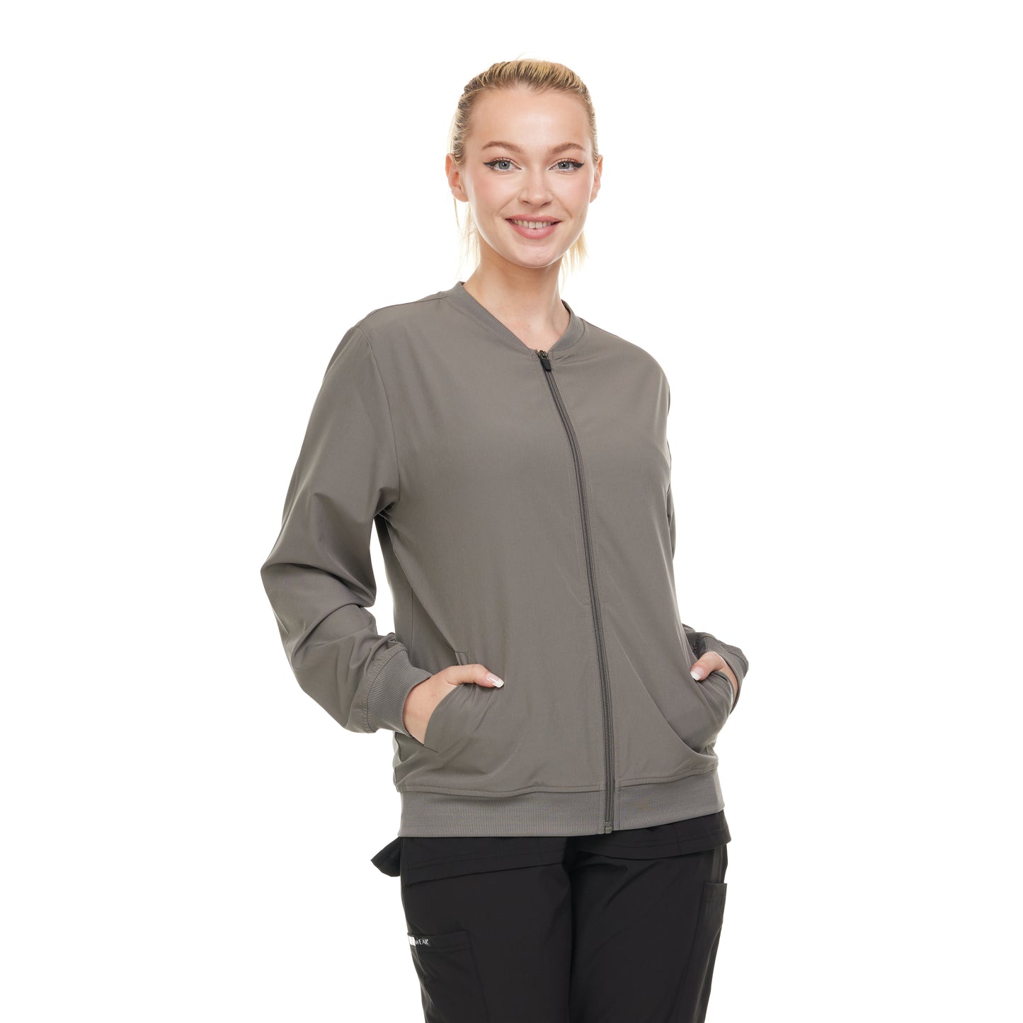 HEAL+WEAR Women's Scrub Jacket - Lightweight Zip-Free Bomber Style, 4-Way Stretch, Soft Knit Cuffs, Anti-Wrinkle, Multiple Pockets, Workwear for Nurses & Healthcare Professionals