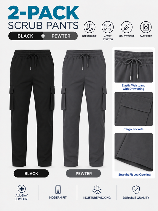 Men's Multi-Pocket Straight-Leg Scrub Pants 2-Pack