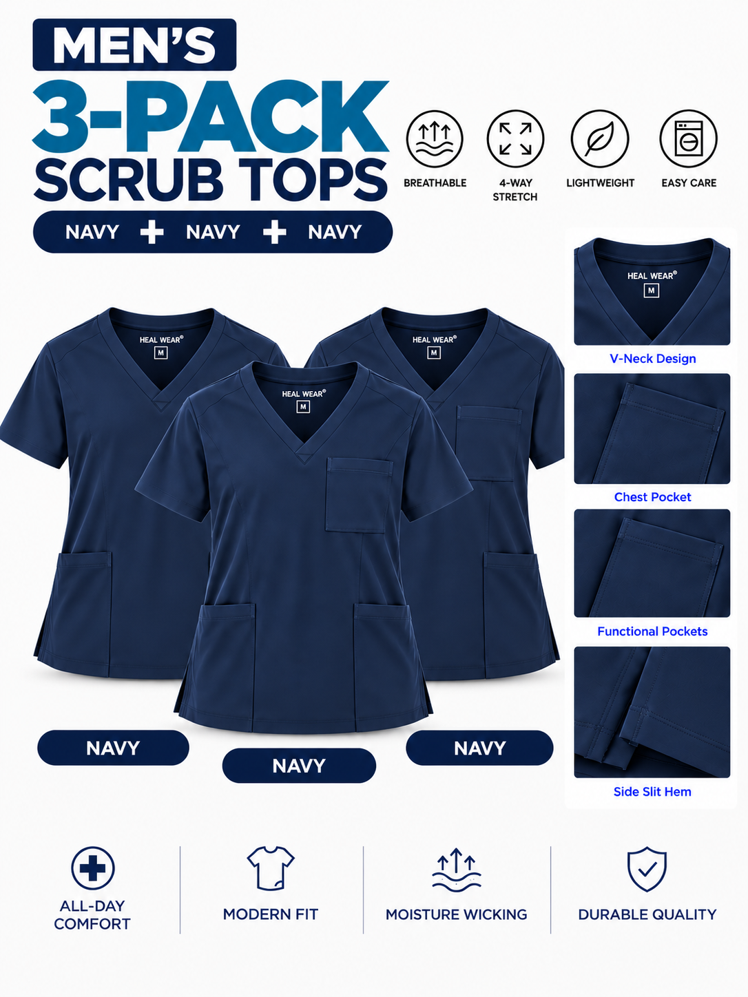Men's V-Neck 3-Pocket Scrub Top 3-Pack