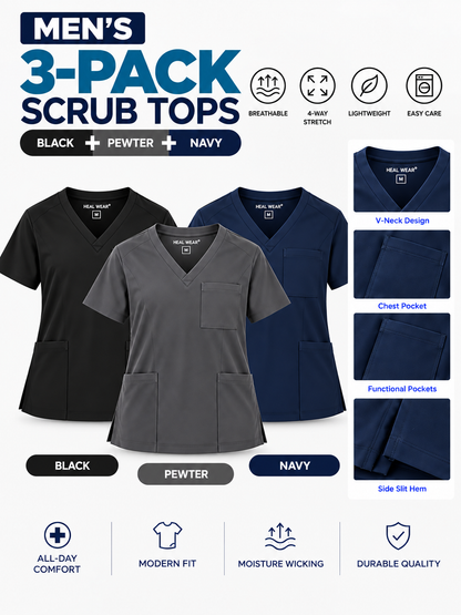 Men's V-Neck 3-Pocket Scrub Top 3-Pack