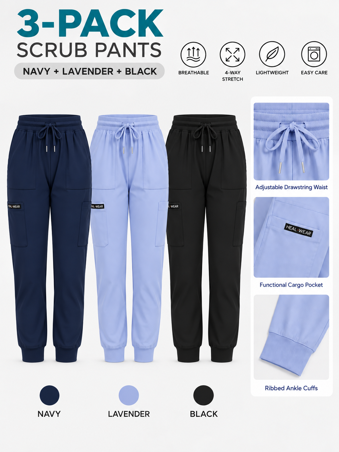 Women's Multi-Pocket Jogger Scrub Pants 3-Pack