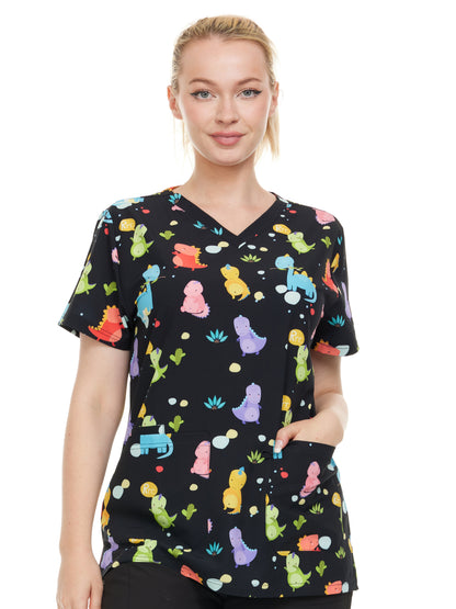 HEAL+WEAR Women's Scrub Top V-Neck Dino Print Multiple Convenient Pockets. 4-Way Stretch Spandex. Wrinkle-Resistant.