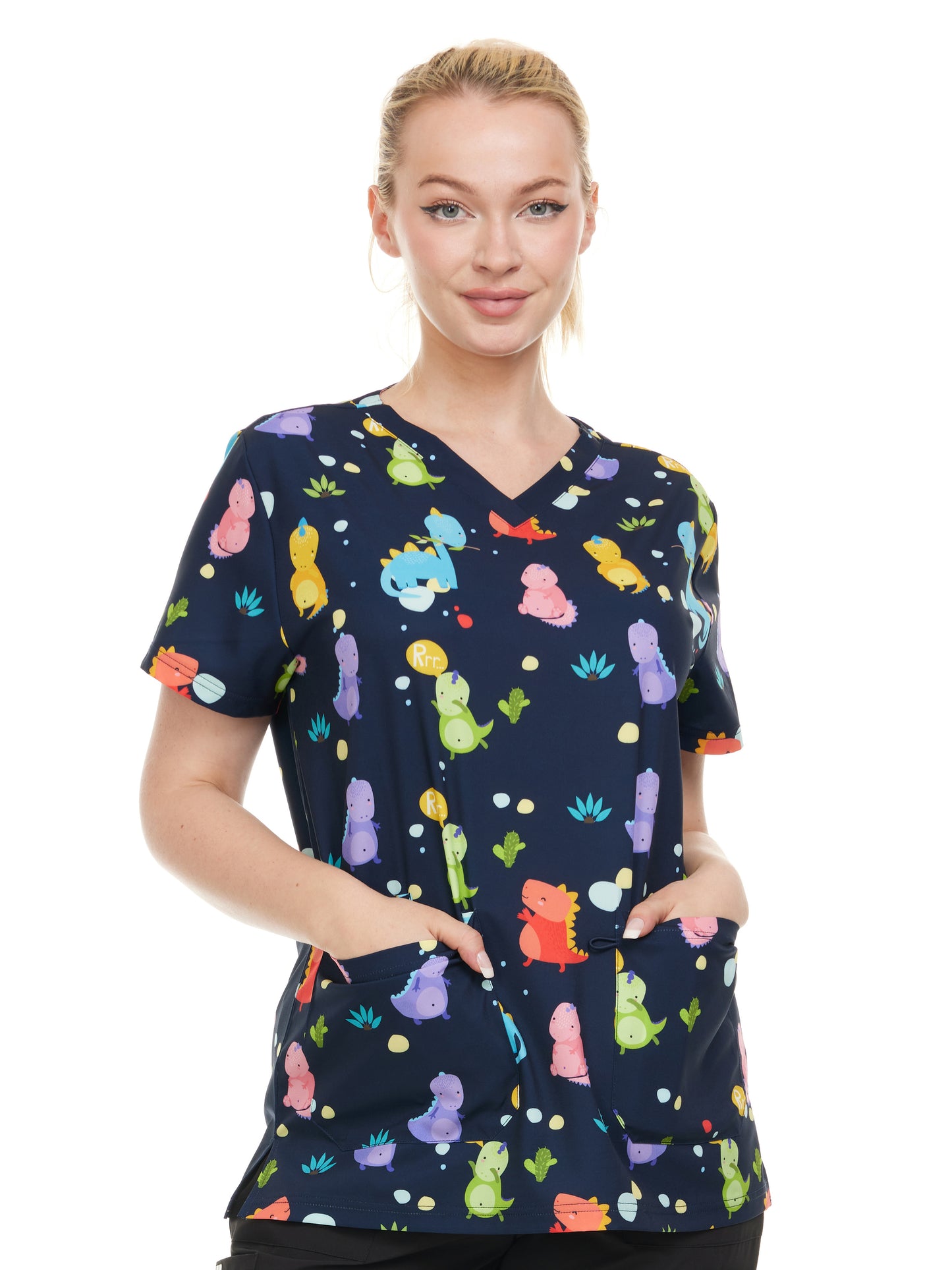 HEAL+WEAR Women's Scrub Top V-Neck Dino Print Multiple Convenient Pockets. 4-Way Stretch Spandex. Wrinkle-Resistant.