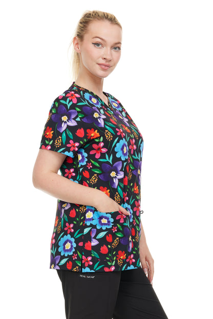 HEAL+WEAR Women's Clinical Scrub Top – Floral Print V-Neck, Soft Stretch, 4-Way Stretch,Multi-Pocket Nursing Workwear