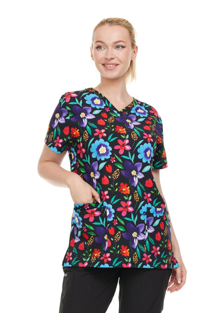 HEAL+WEAR Women's Clinical Scrub Top – Floral Print V-Neck, Soft Stretch, 4-Way Stretch,Multi-Pocket Nursing Workwear