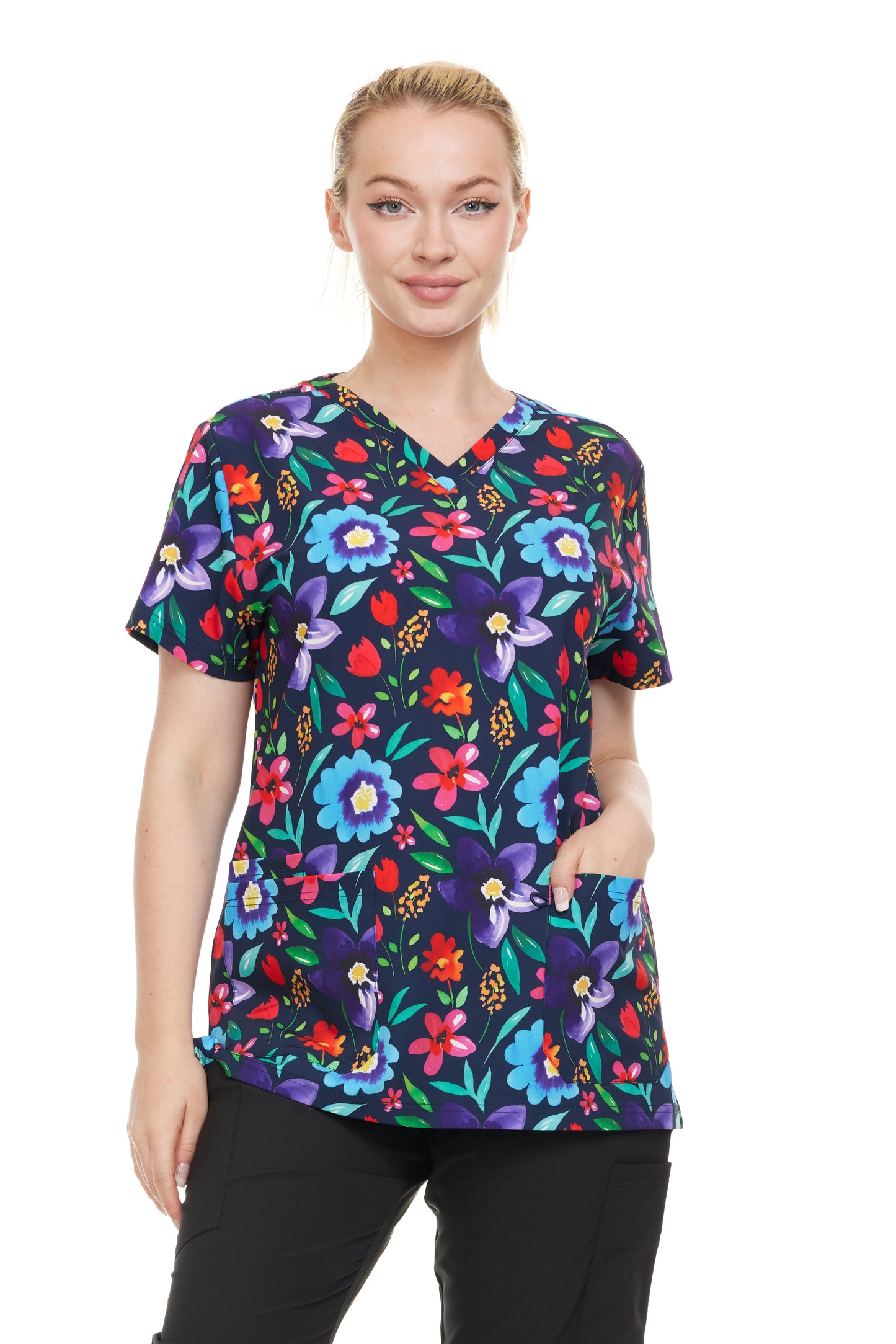 HEAL+WEAR Women's Clinical Scrub Top – Floral Print V-Neck, Soft Stretch, 4-Way Stretch,Multi-Pocket Nursing Workwear