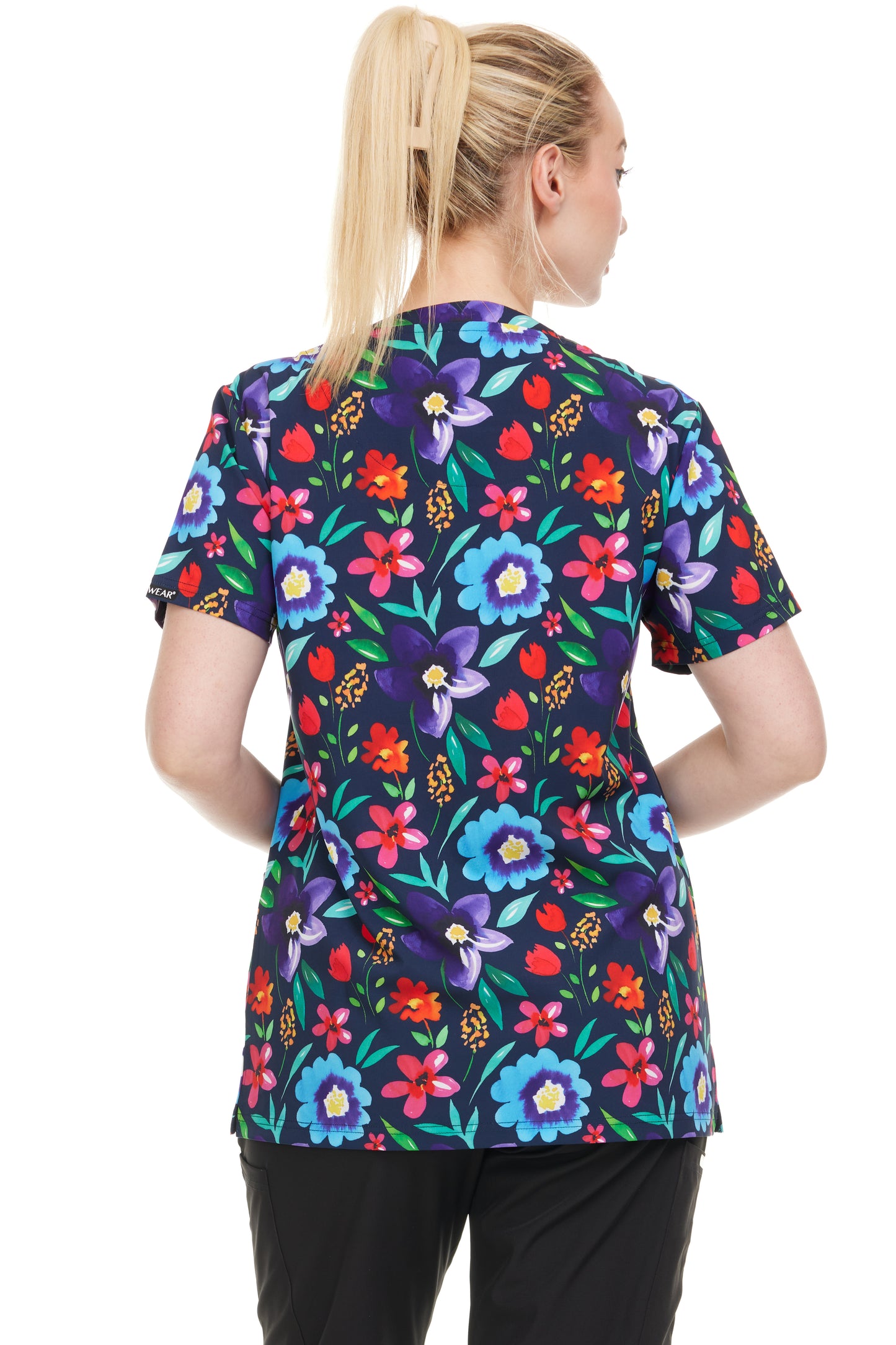 HEAL+WEAR Women's Clinical Scrub Top – Floral Print V-Neck, Soft Stretch, 4-Way Stretch,Multi-Pocket Nursing Workwear