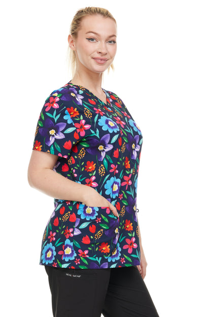 HEAL+WEAR Women's Clinical Scrub Top – Floral Print V-Neck, Soft Stretch, 4-Way Stretch,Multi-Pocket Nursing Workwear