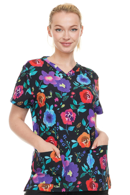 HEAL+WEAR Women's Floral Print Scrub Top with Multiple Pockets and 4-Way Stretch Spandex - Clothing, Womenswear, Comfortable Material Blend