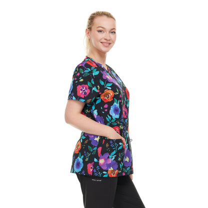 HEAL+WEAR Women's Floral Print Scrub Top with Multiple Pockets and 4-Way Stretch Spandex - Clothing, Womenswear, Comfortable Material Blend