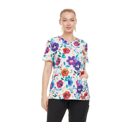 HEAL+WEAR Women's Floral Print Scrub Top with Multiple Pockets and 4-Way Stretch Spandex - Clothing, Womenswear, Comfortable Material Blend