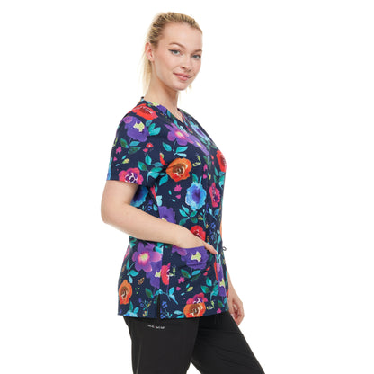 HEAL+WEAR Women's Floral Print Scrub Top with Multiple Pockets and 4-Way Stretch Spandex - Clothing, Womenswear, Comfortable Material Blend