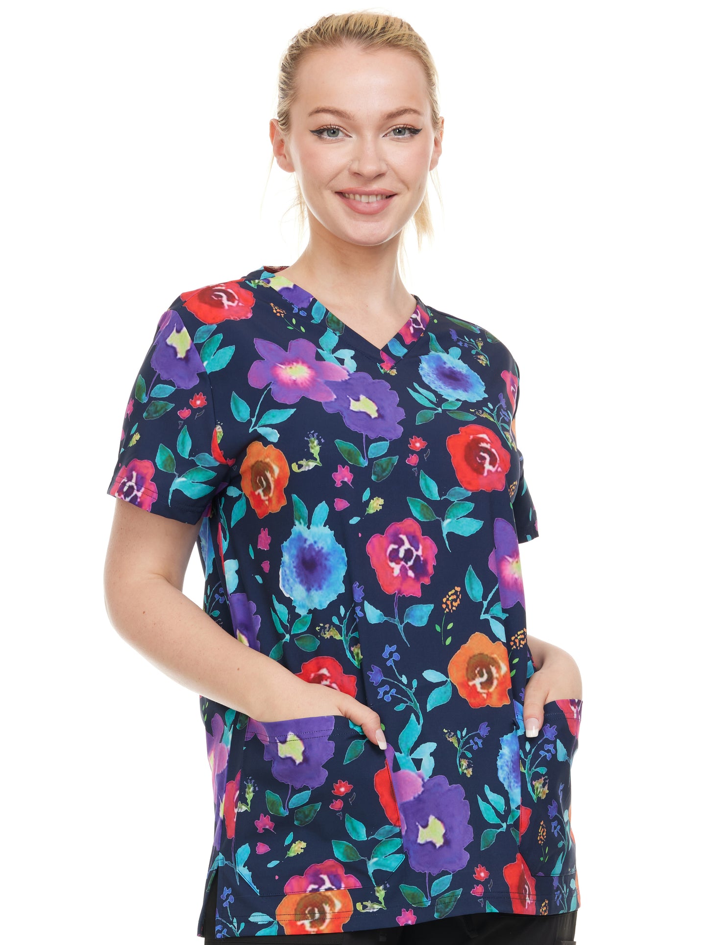 HEAL+WEAR Women's Floral Print Scrub Top with Multiple Pockets and 4-Way Stretch Spandex - Clothing, Womenswear, Comfortable Material Blend