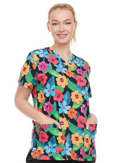 HEAL+WEAR Vibrant Floral Printed V-Neck Scrub Top – Stretch Comfort with Multi-Pocket Design-4-Way Stretch