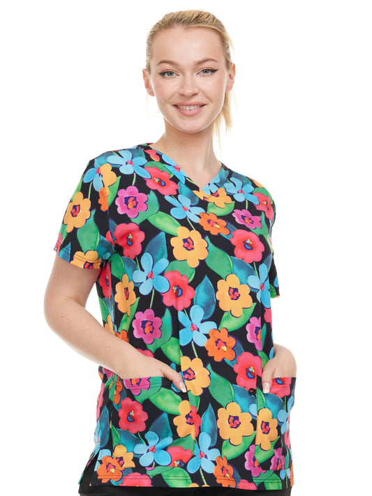HEAL+WEAR Vibrant Floral Printed V-Neck Scrub Top – Stretch Comfort with Multi-Pocket Design-4-Way Stretch