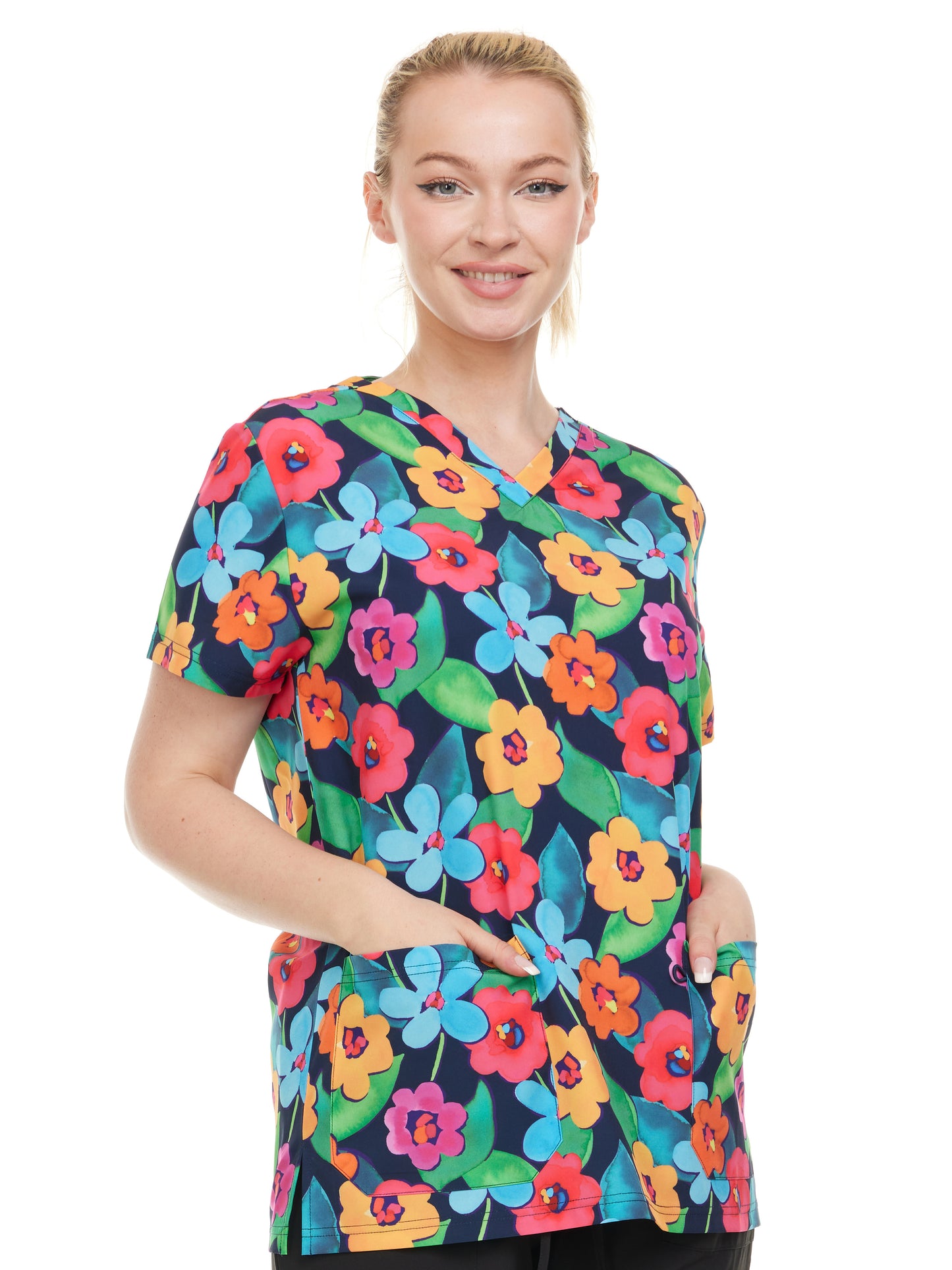 HEAL+WEAR Vibrant Floral Printed V-Neck Scrub Top – Stretch Comfort with Multi-Pocket Design-4-Way Stretch