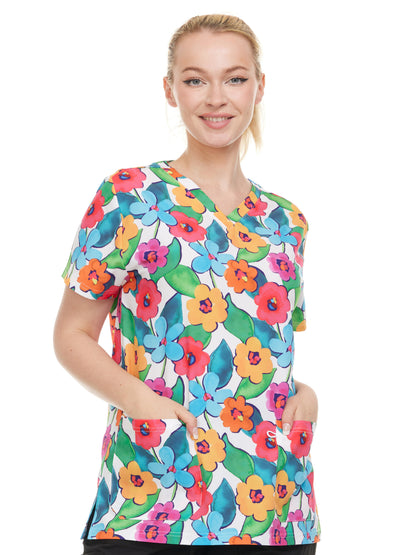 HEAL+WEAR Vibrant Floral Printed V-Neck Scrub Top – Stretch Comfort with Multi-Pocket Design-4-Way Stretch