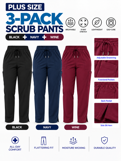 Women's Plus Size Multi-Pocket Straight-Leg Scrub Pants 3 pack