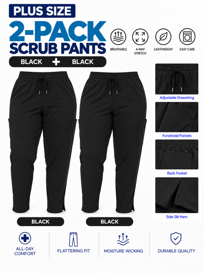 Women's Plus Size Multi-Pocket Straight-Leg Scrub Pants 2-Pack